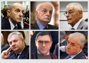 In alto da sin: Massimo Ciancimino, Mario Mori, Antonio Subranni. In basso da sin: Giuseppe De Donno, Leoluca Bagarella, Marcello Dell'Utri.